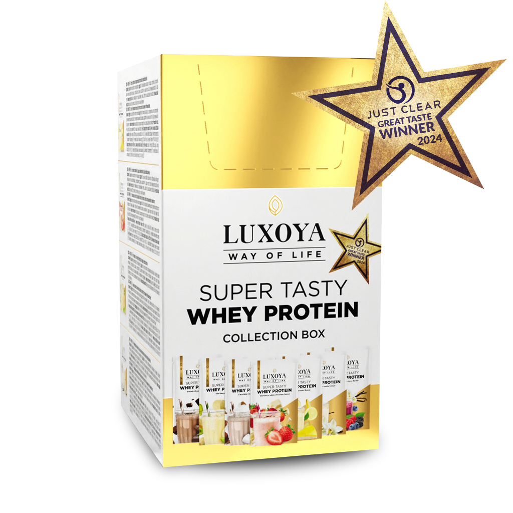 Luxoya - SUPER TASTY WHEY PROTEIN - PRÉMIUM TEJSAVÓ FEHÉRJE ITALPOR Collection Box / Gyűjtődoboz 7x30 g (7x1 íz)
