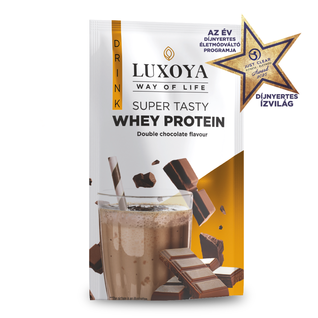 Luxoya - SUPER TASTY WHEY PROTEIN - PRÉMIUM TEJSAVÓ FEHÉRJE ITALPOR 30 g - Dupla csokoládé ízű - VALÓDI CSOKIDARABOKKAL!