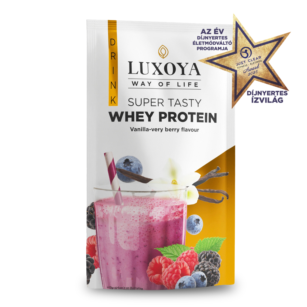 Luxoya - SUPER TASTY WHEY PROTEIN - PRÉMIUM TEJSAVÓ FEHÉRJE ITALPOR 30 g - Vanília-erdei gyümölcs ízű