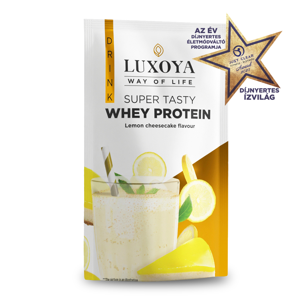 Luxoya - SUPER TASTY WHEY PROTEIN - PRÉMIUM TEJSAVÓ FEHÉRJE ITALPOR 30 g - Citromos sajttorta ízű - VALÓDI CITROMHÉJ DARABOKKAL!