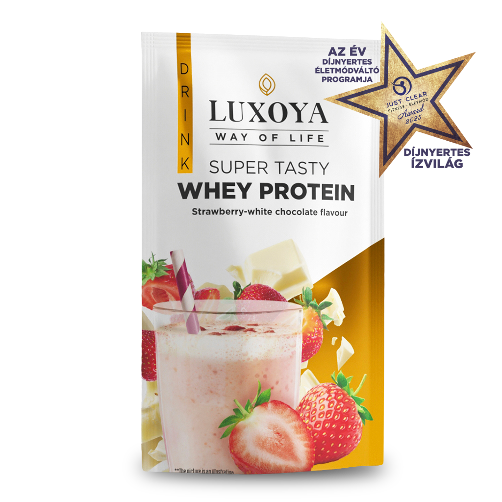 Luxoya - SUPER TASTY WHEY PROTEIN - PRÉMIUM TEJSAVÓ FEHÉRJE ITALPOR 30 g - Eper-fehér csokoládé ízű VALÓDI EPERDARABOKKAL!