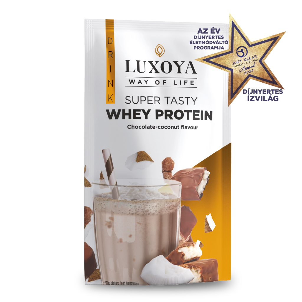 Luxoya - SUPER TASTY WHEY PROTEIN - PRÉMIUM TEJSAVÓ FEHÉRJE ITALPOR 30 g - Csokoládé-kókusz ízű - VALÓDI CSOKIDARABOKKAL ÉS KÓKUSZRESZELÉKKEL!