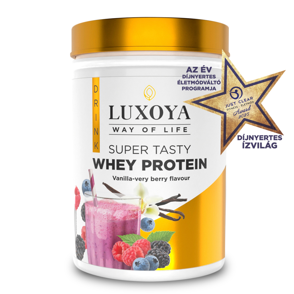 Luxoya - SUPER TASTY WHEY PROTEIN - PRÉMIUM TEJSAVÓ FEHÉRJE ITALPOR 450 g PET - Vanília-erdei gyümölcs ízű