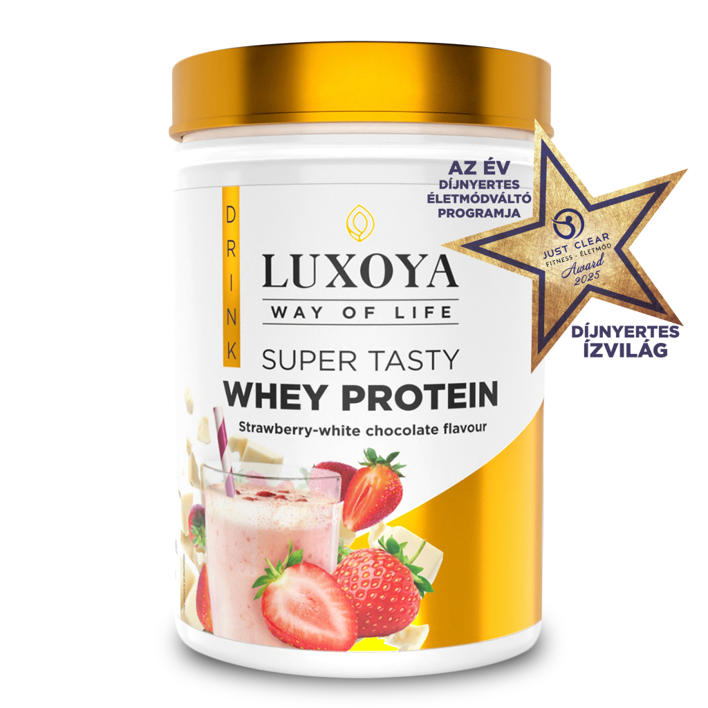 Luxoya - SUPER TASTY WHEY PROTEIN - PRÉMIUM TEJSAVÓ FEHÉRJE ITALPOR 450 g PET - Eper-fehér csokoládé ízű VALÓDI EPERDARABOKKAL!