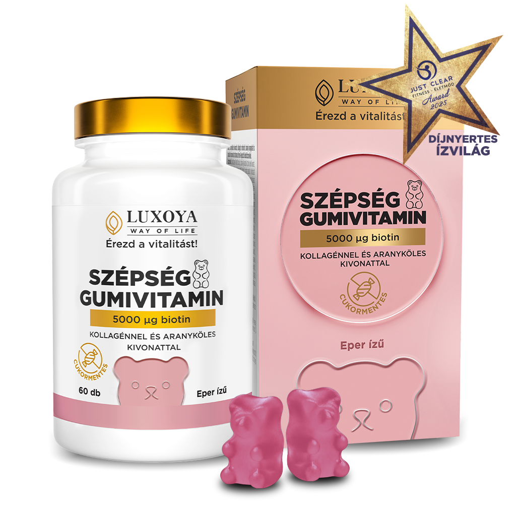 Luxoya - SZÉPSÉG GUMIVITAMIN – BIOTINNAL, KOLLAGÉNNEL ÉS ARANYKÖLES KIVONATTAL  - Eper ízű - 60db