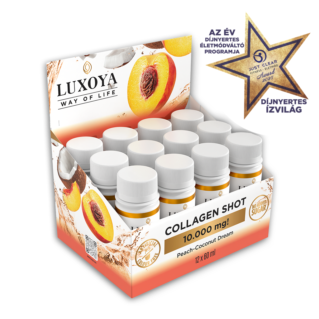 Luxoya - COLLAGEN SHOT 10.000 mg FOLYÉKONY KOLLAGÉN 12x60 ml gyűjtődoboz - Őszibarack-kókusz ízű
