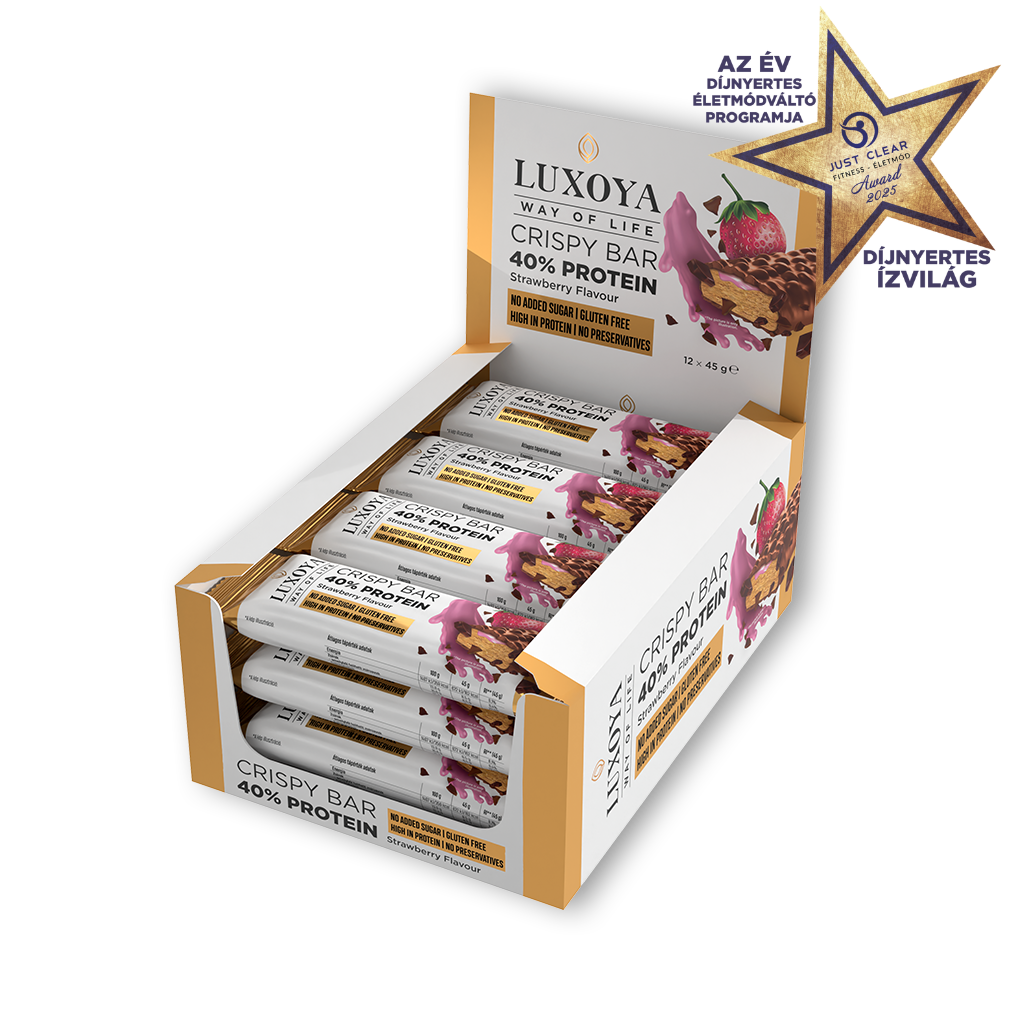 Luxoya - CRISPY BAR 40% PROTEIN ROPPANÓS FEHÉRJESZELETEK 12x45 g - Eper ízű
