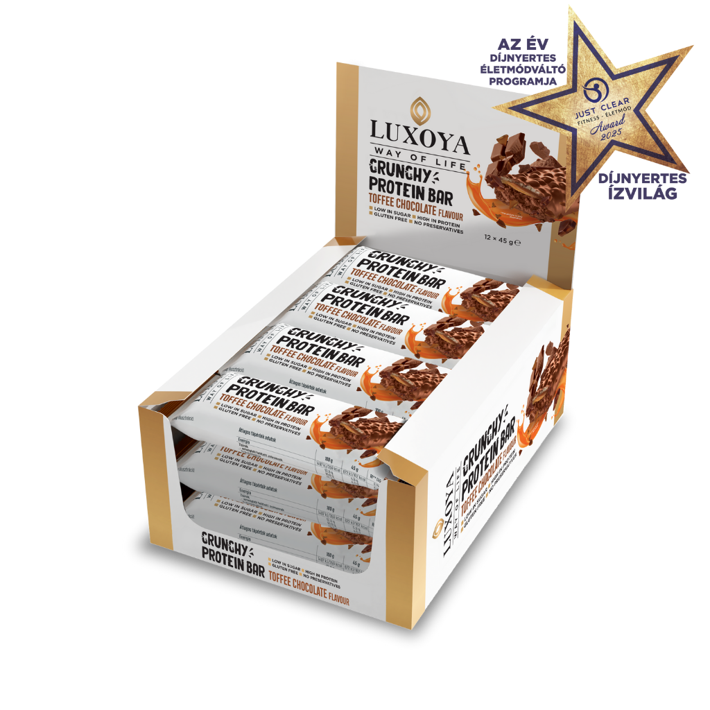 Luxoya - CRUNCHY PROTEIN BAR - ROPPANÓS FEHÉRJESZELET 12x45g - Karamella Csokoládé ízű