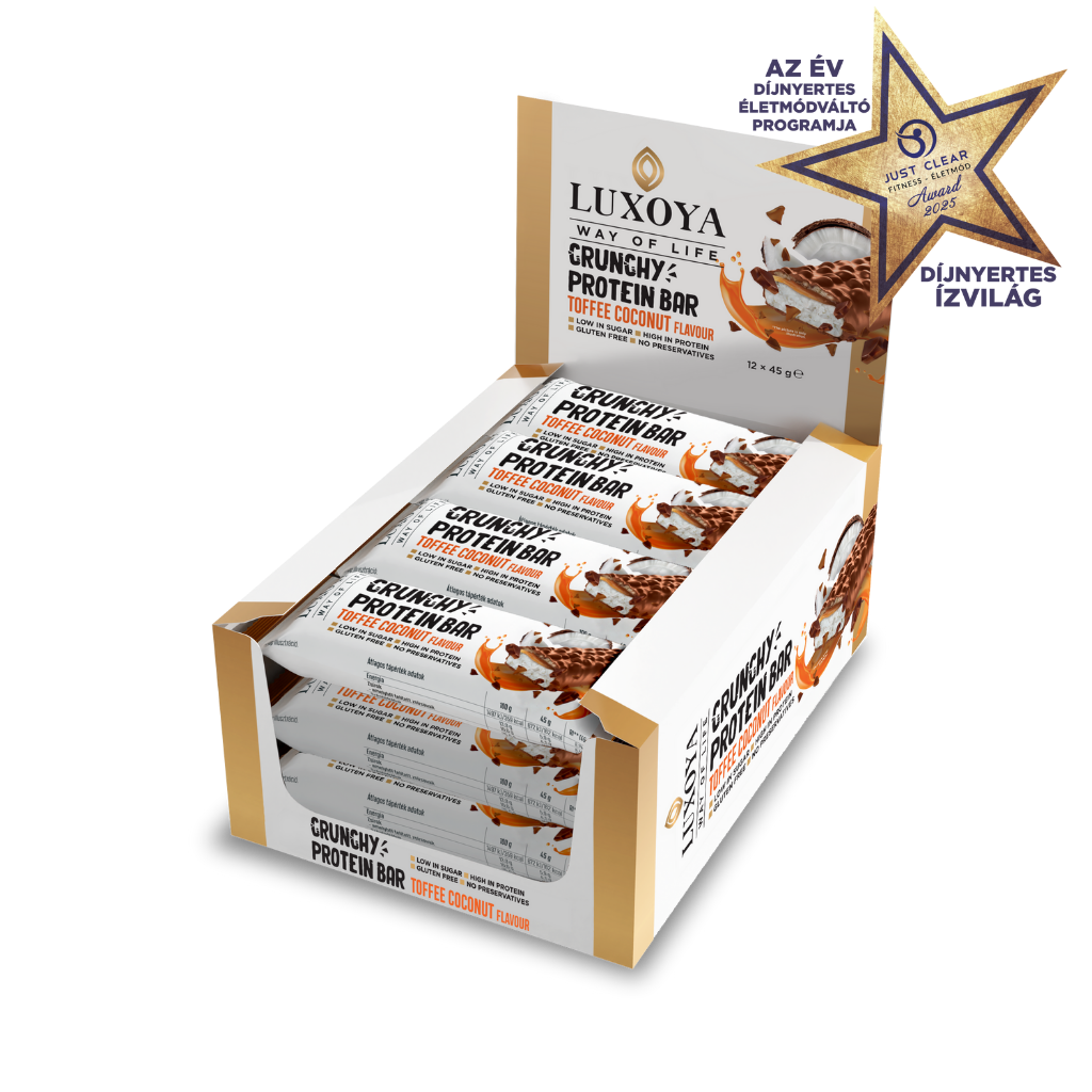 Luxoya - CRUNCHY PROTEIN BAR - ROPPANÓS FEHÉRJESZELET 12x45g - Karamella Kókusz ízű