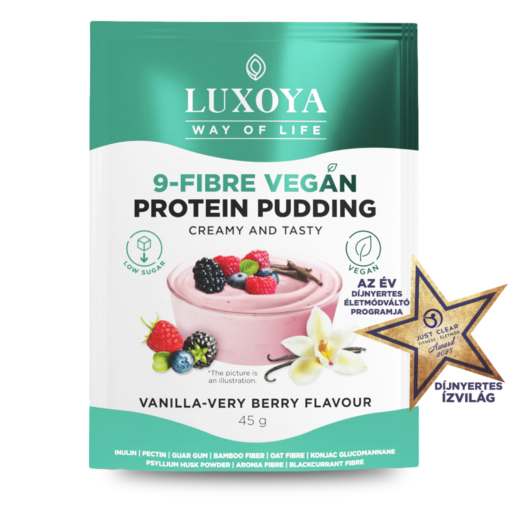Luxoya - 9-FIBRE VEGAN PROTEIN PUDDING - VEGÁN FEHÉRJÉT TARTALMAZÓ ROSTPUDING 9 FÉLE NÖVÉNYI ROSTTAL 45 g - Vanília-erdei gyümölcs ízű