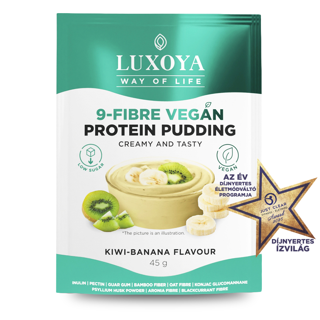 Luxoya - 9-FIBRE VEGAN PROTEIN PUDDING - VEGÁN FEHÉRJÉT TARTALMAZÓ ROSTPUDING 9 FÉLE NÖVÉNYI ROSTTAL 45 g - Kivi-banán ízű