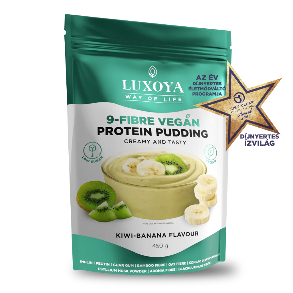 Luxoya - 9-FIBRE VEGAN PROTEIN PUDDING - VEGÁN FEHÉRJÉT TARTALMAZÓ ROSTPUDING 9 FÉLE NÖVÉNYI ROSTTAL 450 g - Kivi-banán ízű