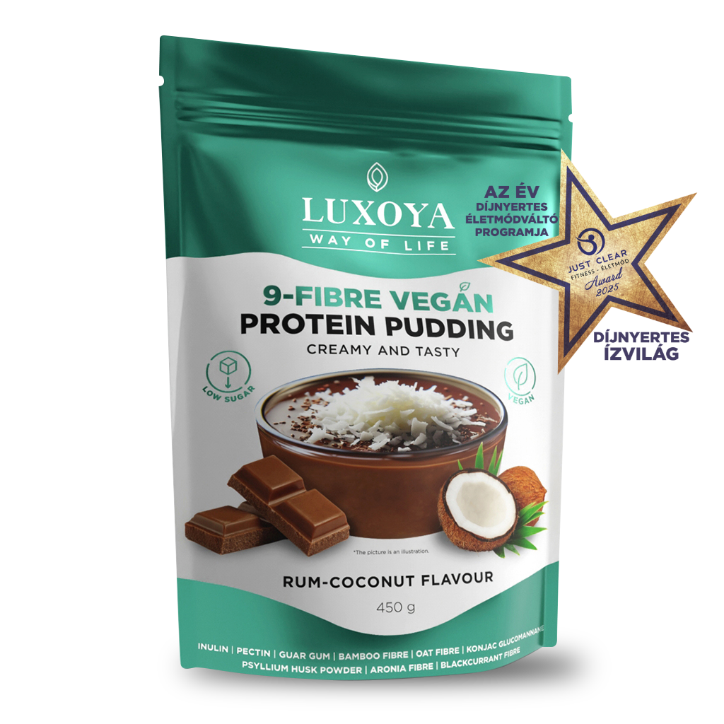 Luxoya - 9-FIBRE VEGAN PROTEIN PUDDING - VEGÁN FEHÉRJÉT TARTALMAZÓ ROSTPUDING 9 FÉLE NÖVÉNYI ROSTTAL 450 g  Rumos-kókuszos csokoládé ízű