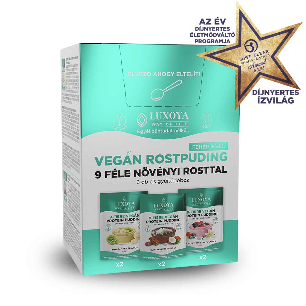 Luxoya - 9-FIBRE VEGAN PROTEIN PUDDING - VEGÁN FEHÉRJÉT TARTALMAZÓ ROSTPUDING 9 FÉLE NÖVÉNYI ROSTTAL - Gyűjtődoboz 6x45 g (2x3 íz)