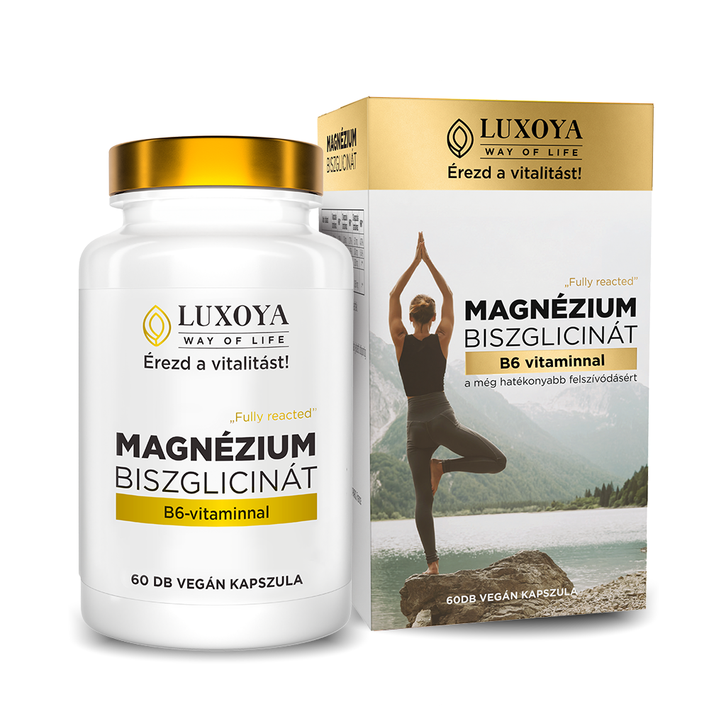 Luxoya - FULLY REACTED - MAGNÉZIUM BISZGLICINÁT -Magnéziumot, B6-vitamint, fekete bors kivonatot tartalmazó étrend-kiegészítő készítmény - 60db