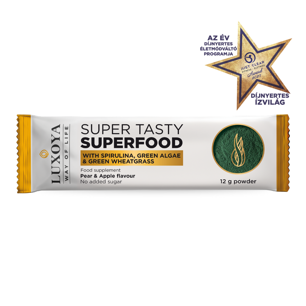 Luxoya - SUPER TASTY SUPERFOOD - KÖRTE-ALMA ÍZESÍTÉSŰ SPIRULINÁT, ZÖLD ALGÁT ÉS ZÖLD BÚZAFÜVET TARTALMAZÓ ÉTREND-KIEGÉSZÍTŐ ITALPOR 12 g