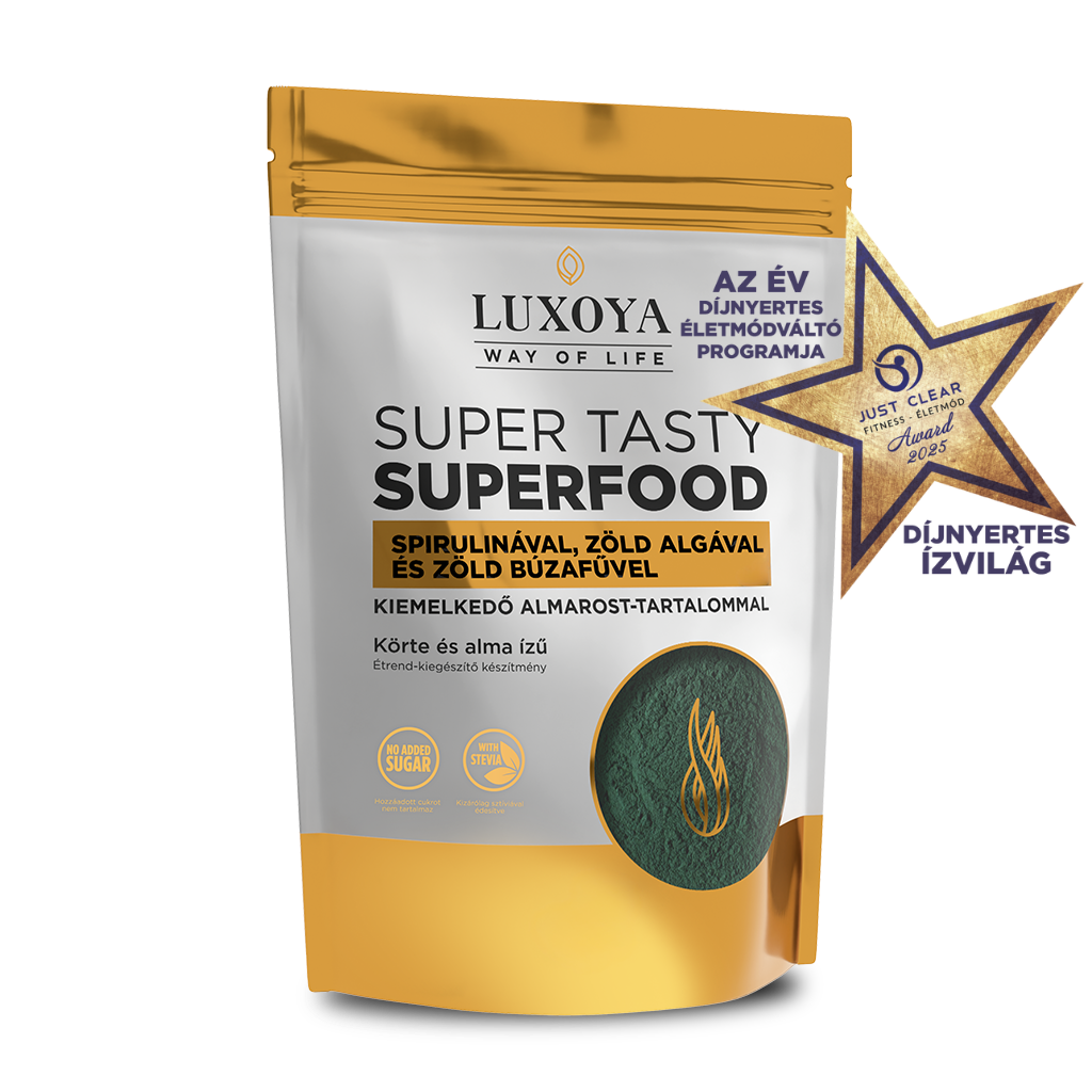 Luxoya - SUPER TASTY SUPERFOOD - KÖRTE-ALMA ÍZESÍTÉSŰ SPIRULINÁT, ZÖLD ALGÁT ÉS ZÖLD BÚZAFÜVET TARTALMAZÓ ÉTREND-KIEGÉSZÍTŐ ITALPOR 300g