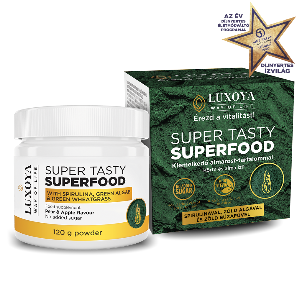 Luxoya - SUPER TASTY SUPERFOOD - KÖRTE-ALMA ÍZESÍTÉSŰ SPIRULINÁT, ZÖLD ALGÁT ÉS ZÖLD BÚZAFÜVET TARTALMAZÓ ÉTREND-KIEGÉSZÍTŐ ITALPOR 120 g
