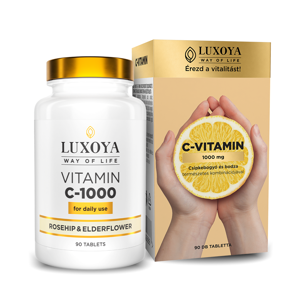 Luxoya - VITAMIN C-1000 CSIPKEBOGYÓT, BODZAVIRÁGOT ÉS CITROMHÉJAT TARTALMAZÓ BEVONATOS ÉTREND-KIEGÉSZÍTŐ TABLETTA 90 db
