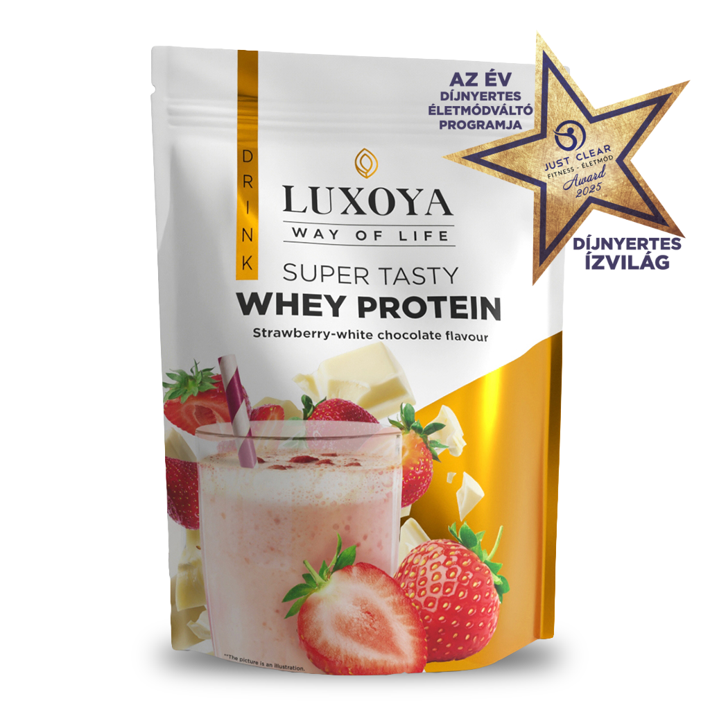 Luxoya - SUPER TASTY WHEY PROTEIN - PRÉMIUM TEJSAVÓ FEHÉRJE ITALPOR 450 g DOY - Eper-fehér csokoládé ízű VALÓDI EPERDARABOKKAL!