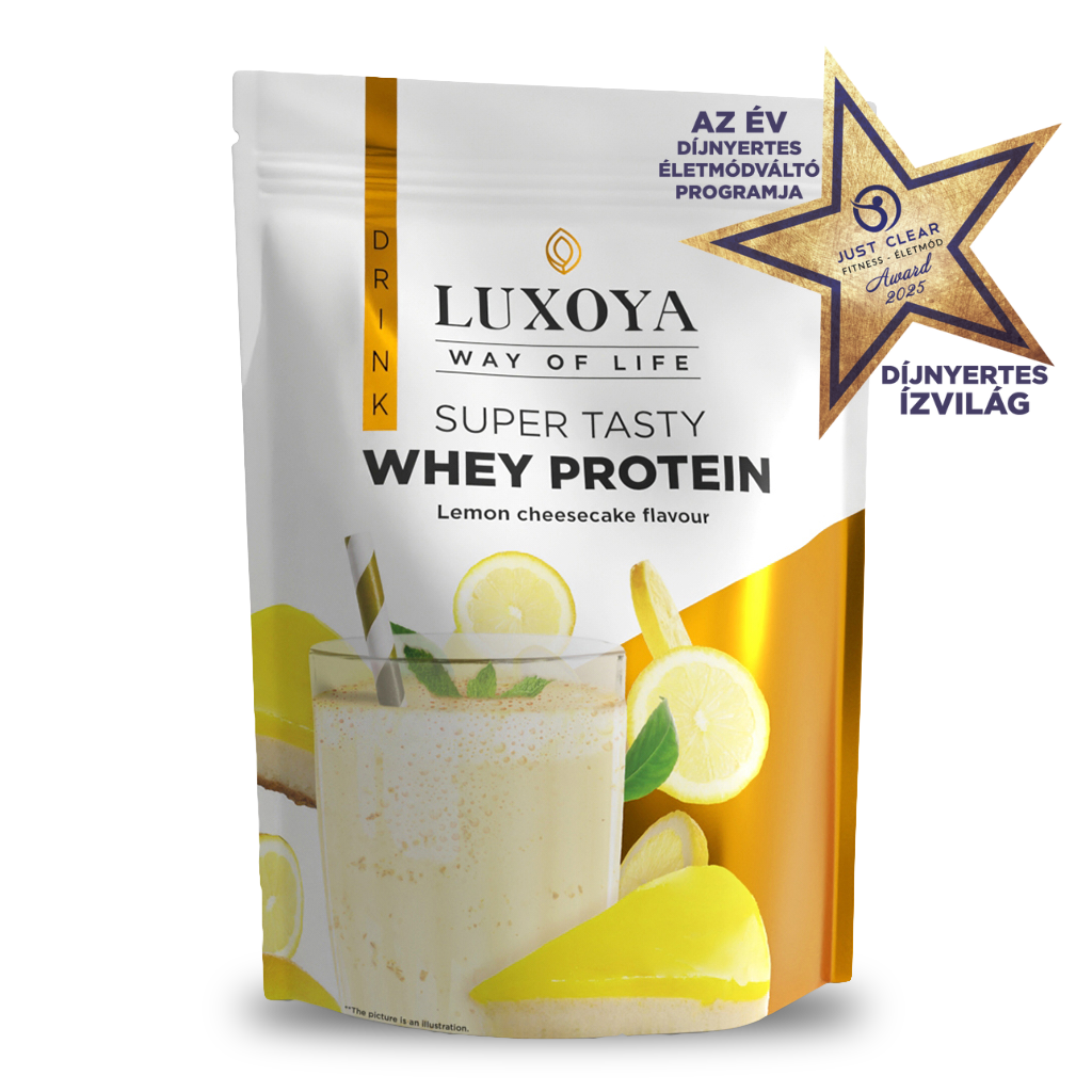 Luxoya - SUPER TASTY WHEY PROTEIN - PRÉMIUM TEJSAVÓ FEHÉRJE ITALPOR 450 g DOY - Citromos sajttorta ízű - VALÓDI CITROMHÉJ DARABOKKAL!