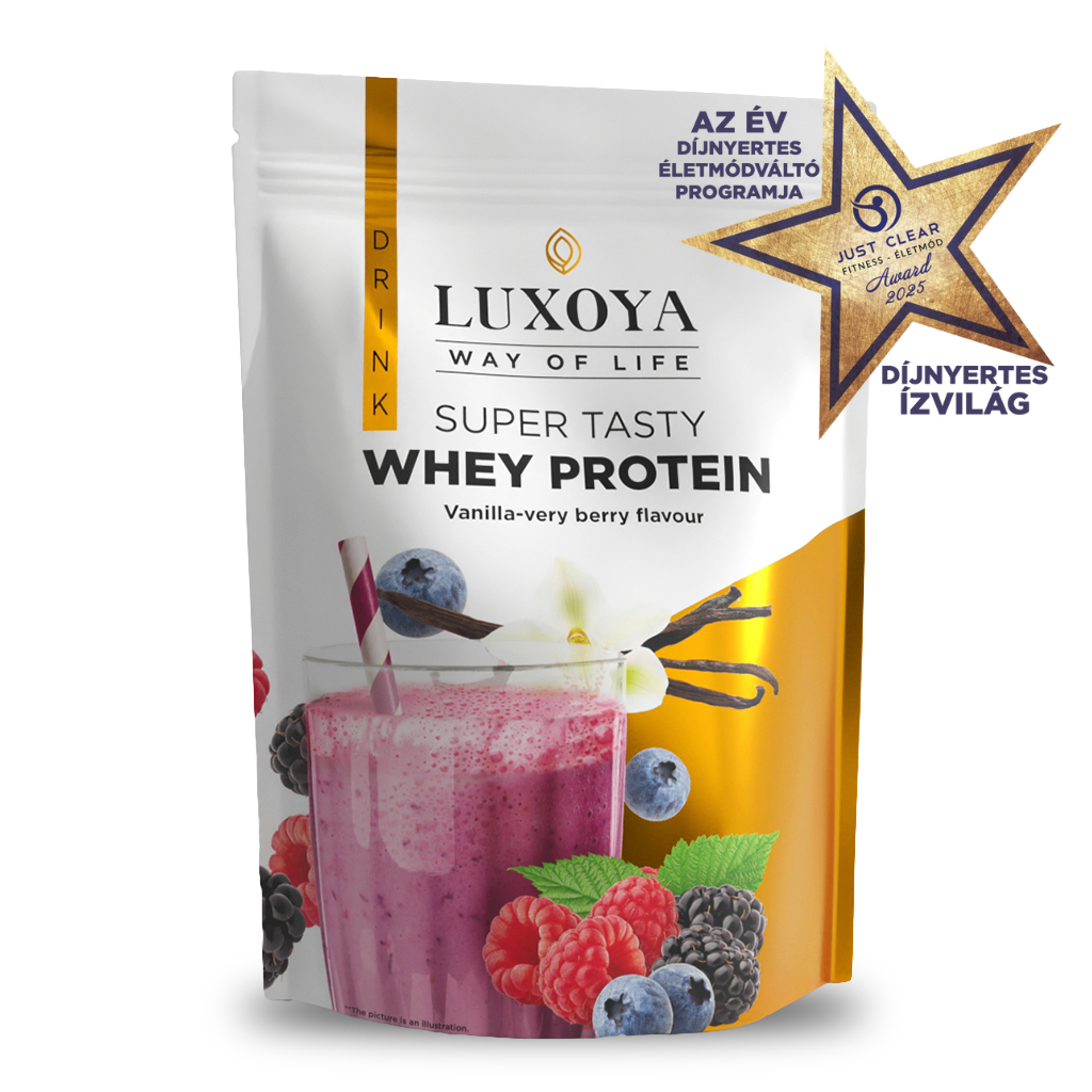 Luxoya - SUPER TASTY WHEY PROTEIN - PRÉMIUM TEJSAVÓ FEHÉRJE ITALPOR 450 g DOY - Vanília-erdei gyümölcs ízű