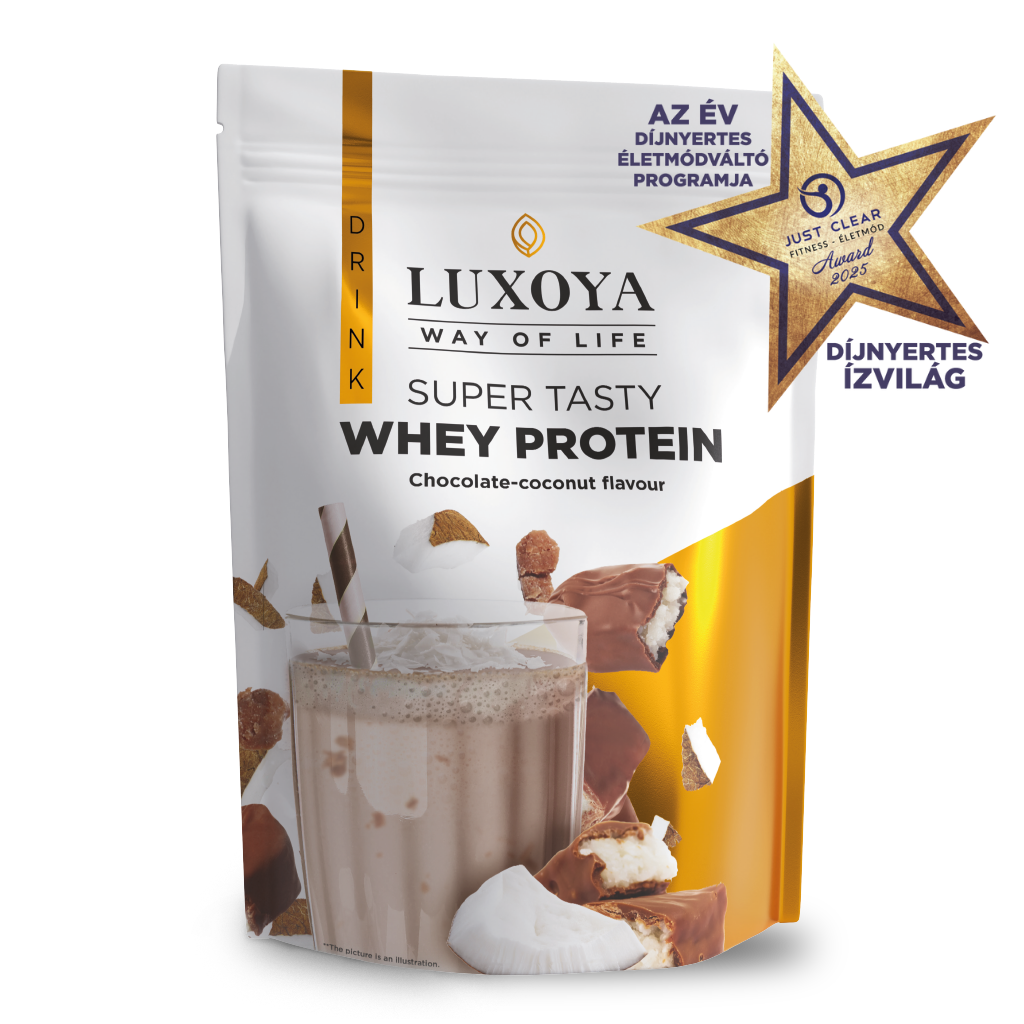 Luxoya - SUPER TASTY WHEY PROTEIN - PRÉMIUM TEJSAVÓ FEHÉRJE ITALPOR 450 g DOY - Csokoládé-kókusz ízű - VALÓDI CSOKIDARABOKKAL ÉS KÓKUSZRESZELÉKKEL!