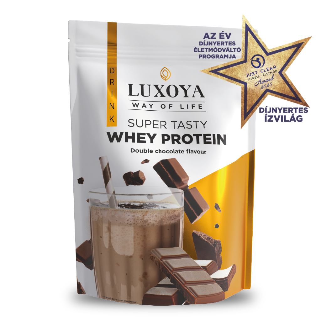 Luxoya - SUPER TASTY WHEY PROTEIN - PRÉMIUM TEJSAVÓ  FEHÉRJE ITALPOR 450 g DOY - Dupla csokoládé ízű - VALÓDI CSOKIDARABOKKAL!