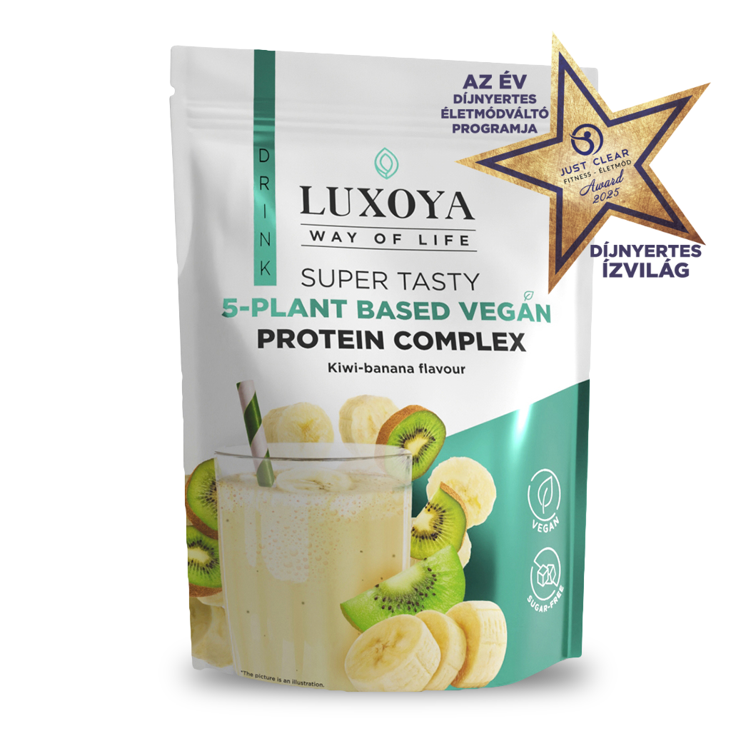 Luxoya - SUPER TASTY 5-PLANT BASED VEGAN PROTEIN COMPLEX - 5 FÉLE NÖVÉNYI FEHÉRJEFORRÁST TARTALMAZÓ VEGÁN FEHÉRJE ITALPOR 450 g - Kivi-banán ízű
