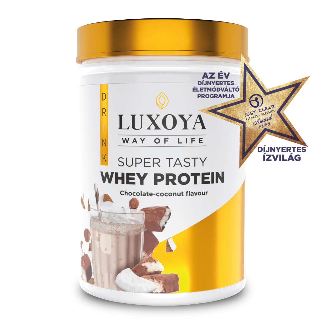 Luxoya - SUPER TASTY WHEY PROTEIN - PRÉMIUM TEJSAVÓ  FEHÉRJE ITALPOR 450 g PET - Csokoládé-kókusz ízű - VALÓDI CSOKIDARABOKKAL ÉS KÓKUSZRESZELÉKKEL!
