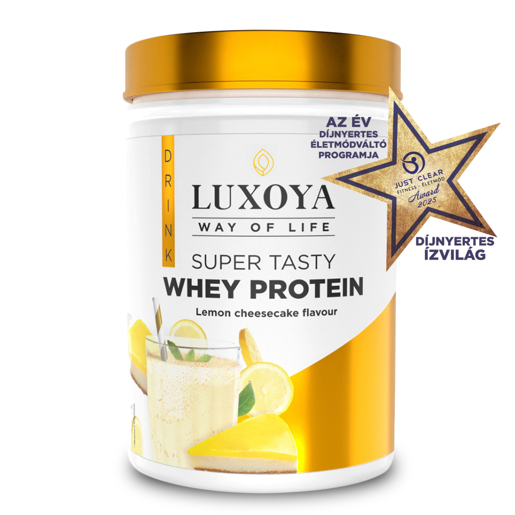 Luxoya - SUPER TASTY WHEY PROTEIN - PRÉMIUM TEJSAVÓ FEHÉRJE ITALPOR 450 g PET - Citromos sajttorta ízű - VALÓDI CITROMHÉJ DARABOKKAL!