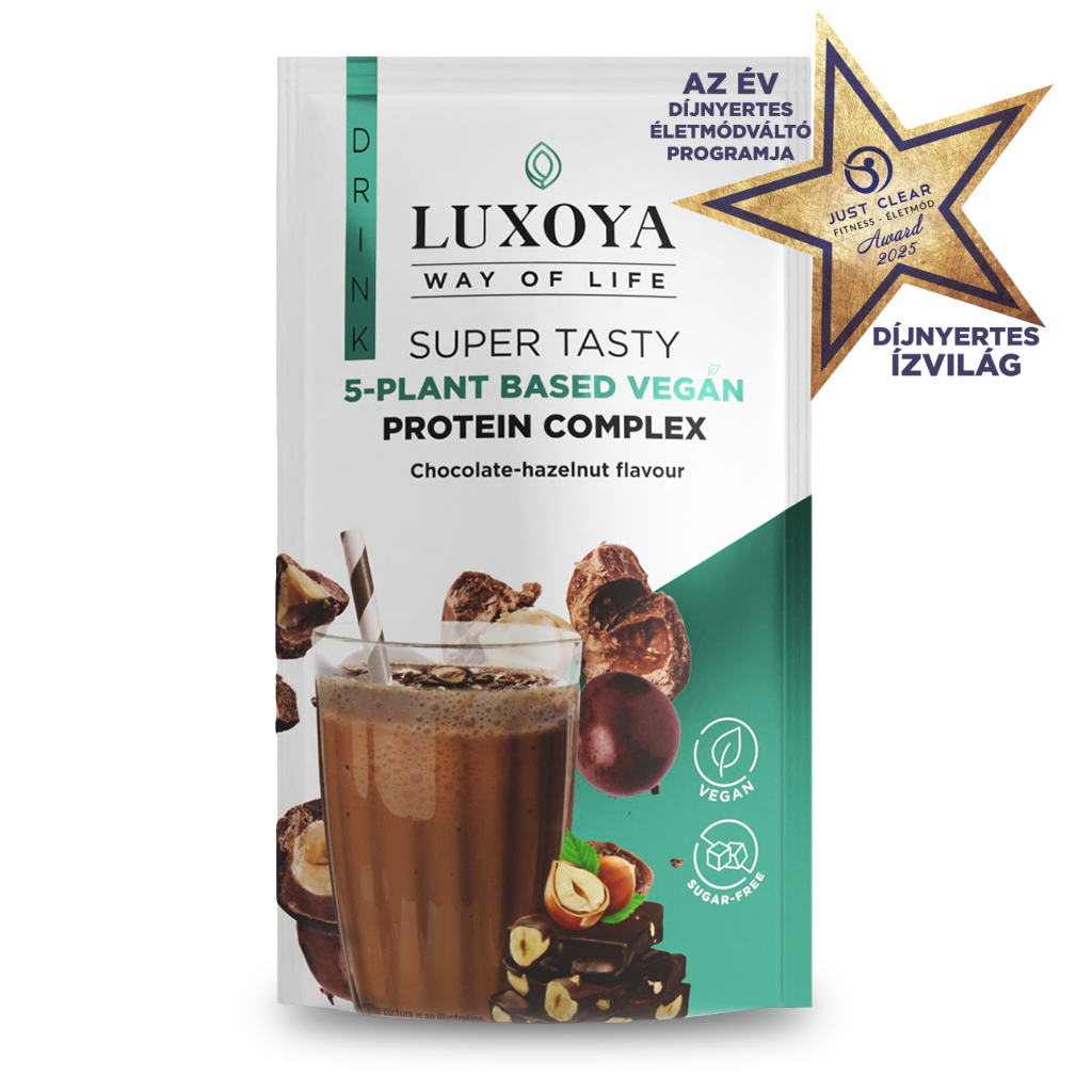 Luxoya - SUPER TASTY 5-PLANT BASED VEGAN PROTEIN COMPLEX - 5 FÉLE NÖVÉNYI FEHÉRJEFORRÁST TARTALMAZÓ VEGÁN FEHÉRJE ITALPOR 30 g - Csokoládé-mogyoró ízű