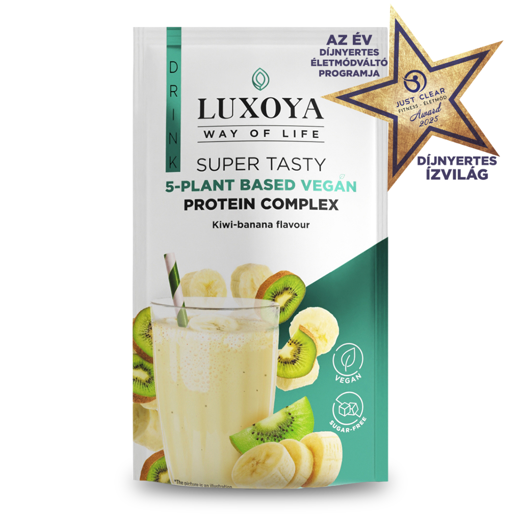Luxoya - SUPER TASTY 5-PLANT BASED VEGAN PROTEIN COMPLEX - 5 FÉLE NÖVÉNYI FEHÉRJEFORRÁST TARTALMAZÓ VEGÁN FEHÉRJE ITALPOR 30 g - Kivi-banán ízű