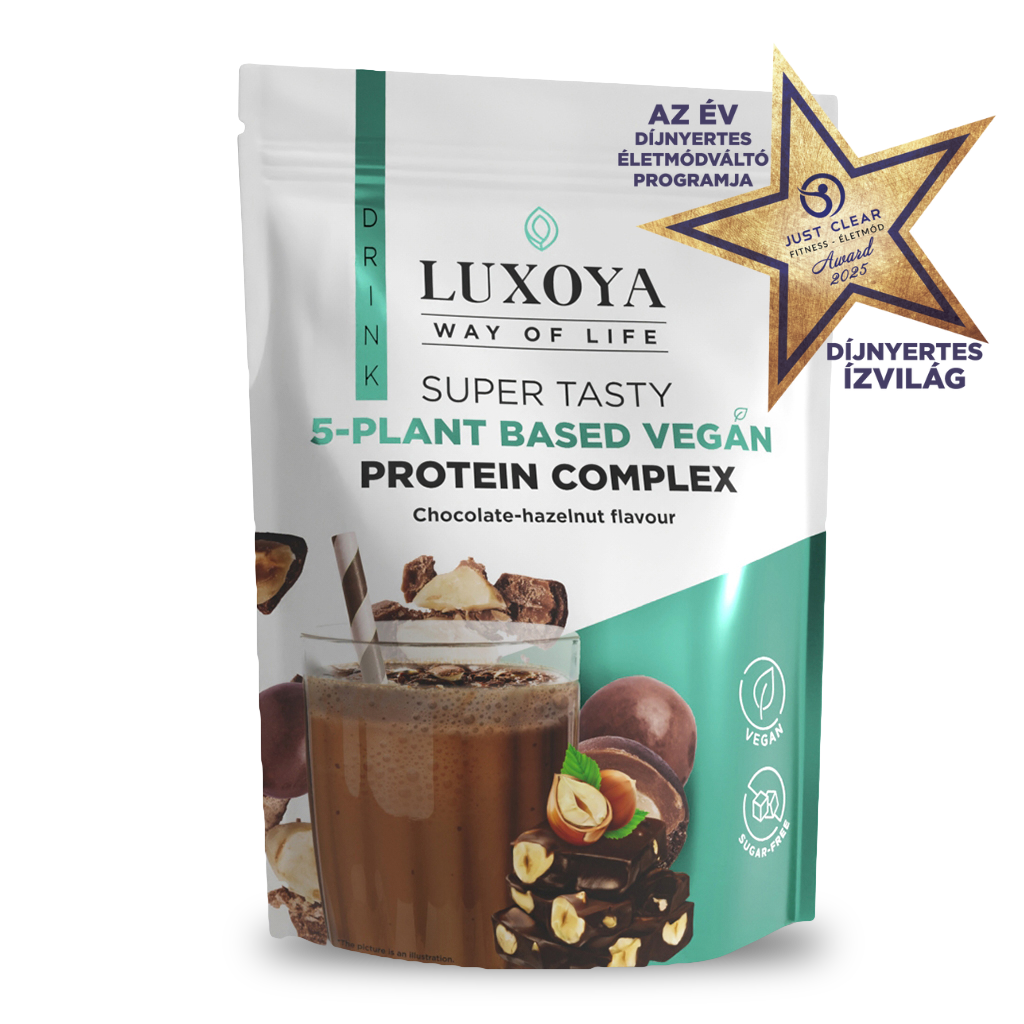 Luxoya - SUPER TASTY 5-PLANT BASED VEGAN PROTEIN COMPLEX - 5 FÉLE NÖVÉNYI FEHÉRJEFORRÁST TARTALMAZÓ VEGÁN FEHÉRJE ITALPOR 450 g - Csokoládé-mogyoró ízű