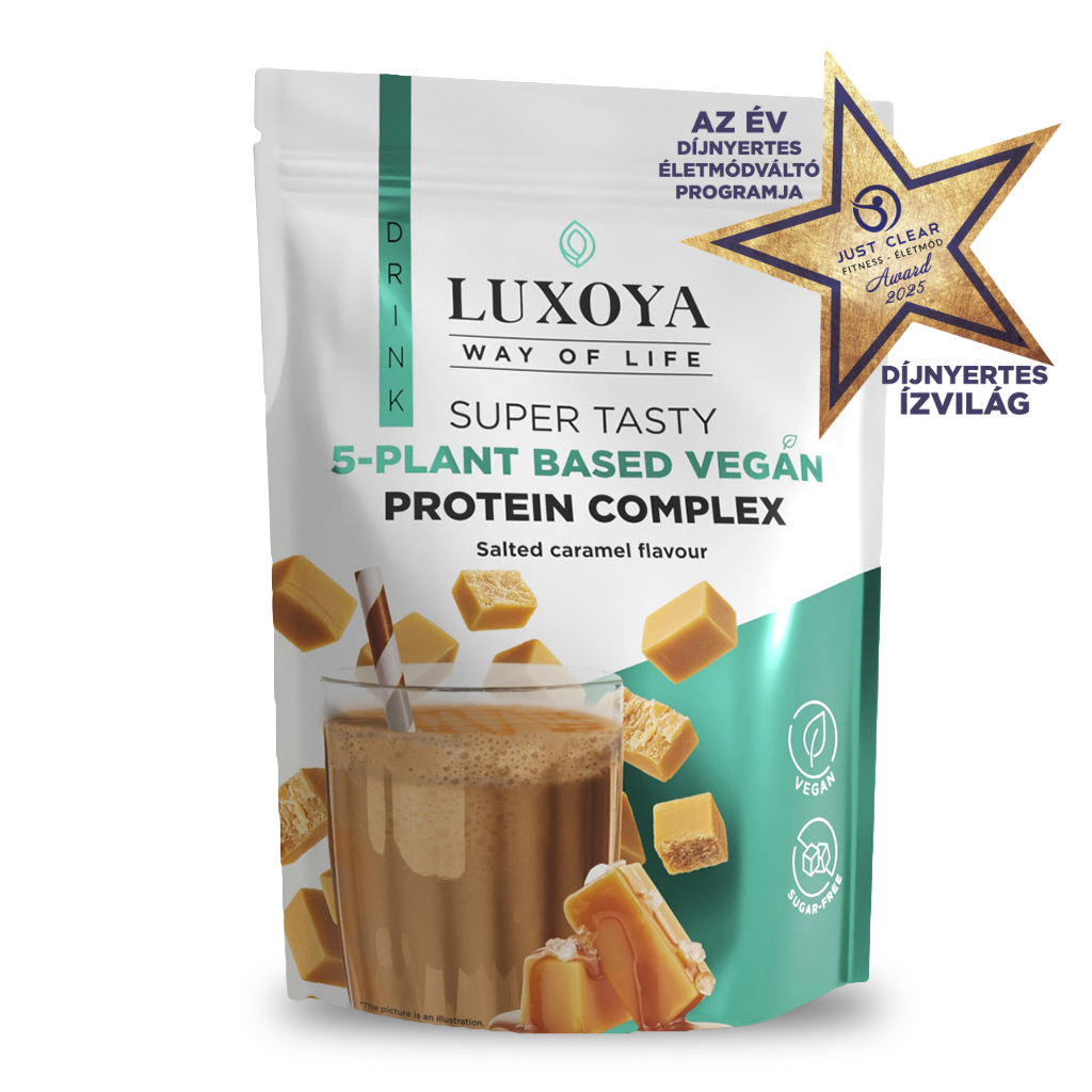 Luxoya - SUPER TASTY 5-PLANT BASED VEGAN PROTEIN COMPLEX - 5 FÉLE NÖVÉNYI FEHÉRJEFORRÁST TARTALMAZÓ VEGÁN FEHÉRJE ITALPOR 450 g - Sós karamella ízű
