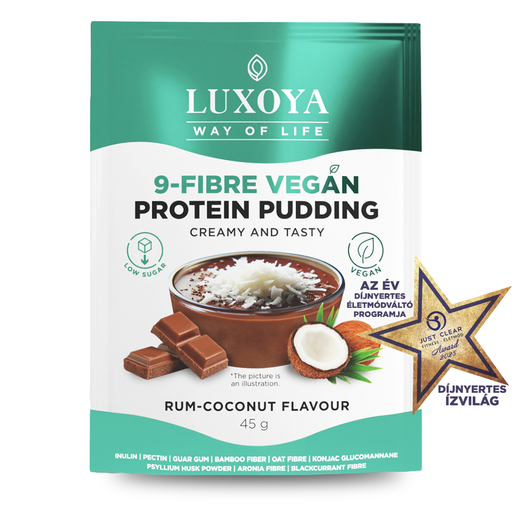 Luxoya - 9-FIBRE VEGAN PROTEIN PUDDING - VEGÁN FEHÉRJÉT TARTALMAZÓ ROSTPUDING 9 FÉLE NÖVÉNYI ROSTTAL 45 g - Rumos-kókuszos csokoládé ízű