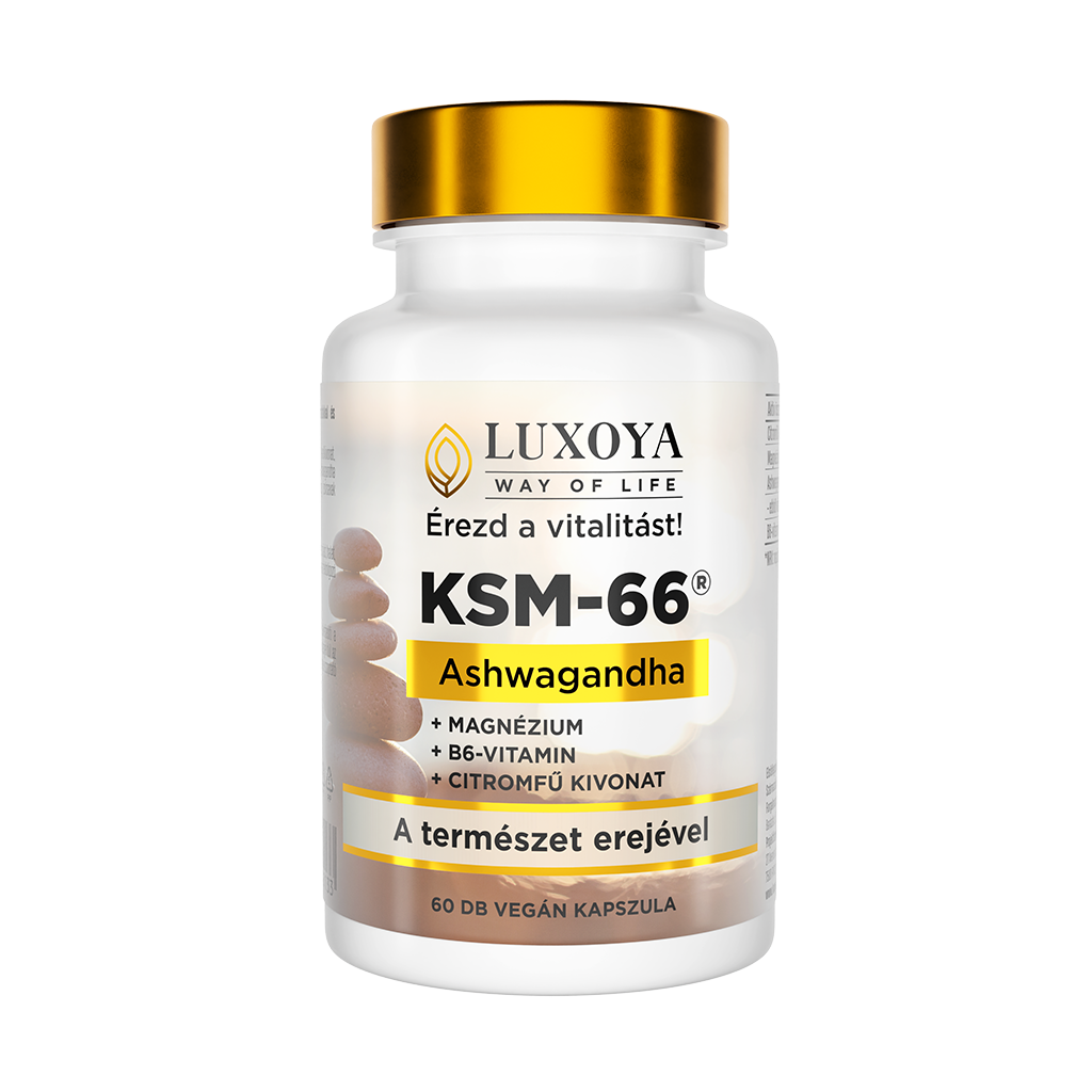 Luxoya - KSM-66 Ashwagandha növényi kivonatokkal és B6-vitaminnal dúsított étrend-kiegészítő kapszula - 60db