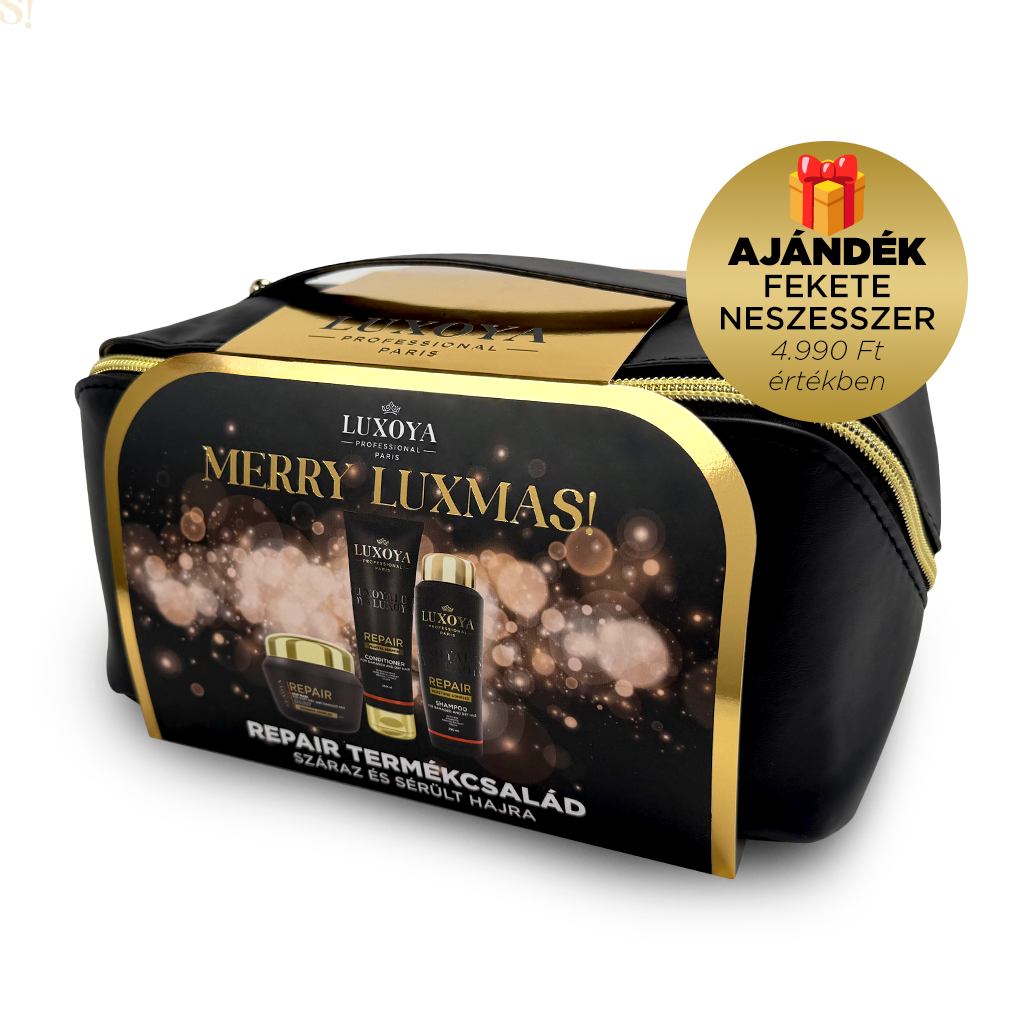 Luxoya Professional Paris - REPAIR Karácsonyi Ajándékcsomag + Ajándék Fekete Neszesszer (száraz és sérült hajra)