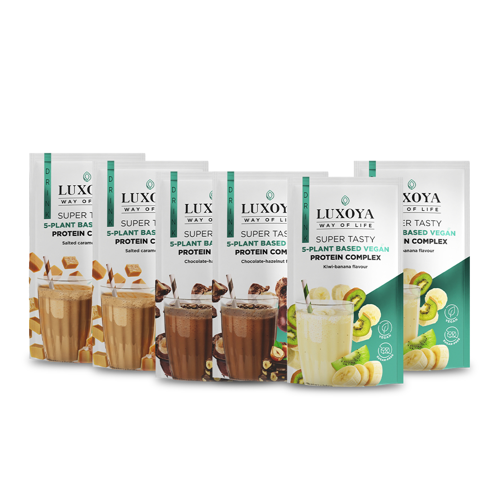 Luxoya Professional Paris - SUPER TASTY 5-PLANT BASED VEGAN PROTEIN COMPLEX - 5 FÉLE NÖVÉNYI FEHÉRJEFORRÁST TARTALMAZÓ VEGÁN FEHÉRJE ITALPOR 6x30 g (2x3 íz)