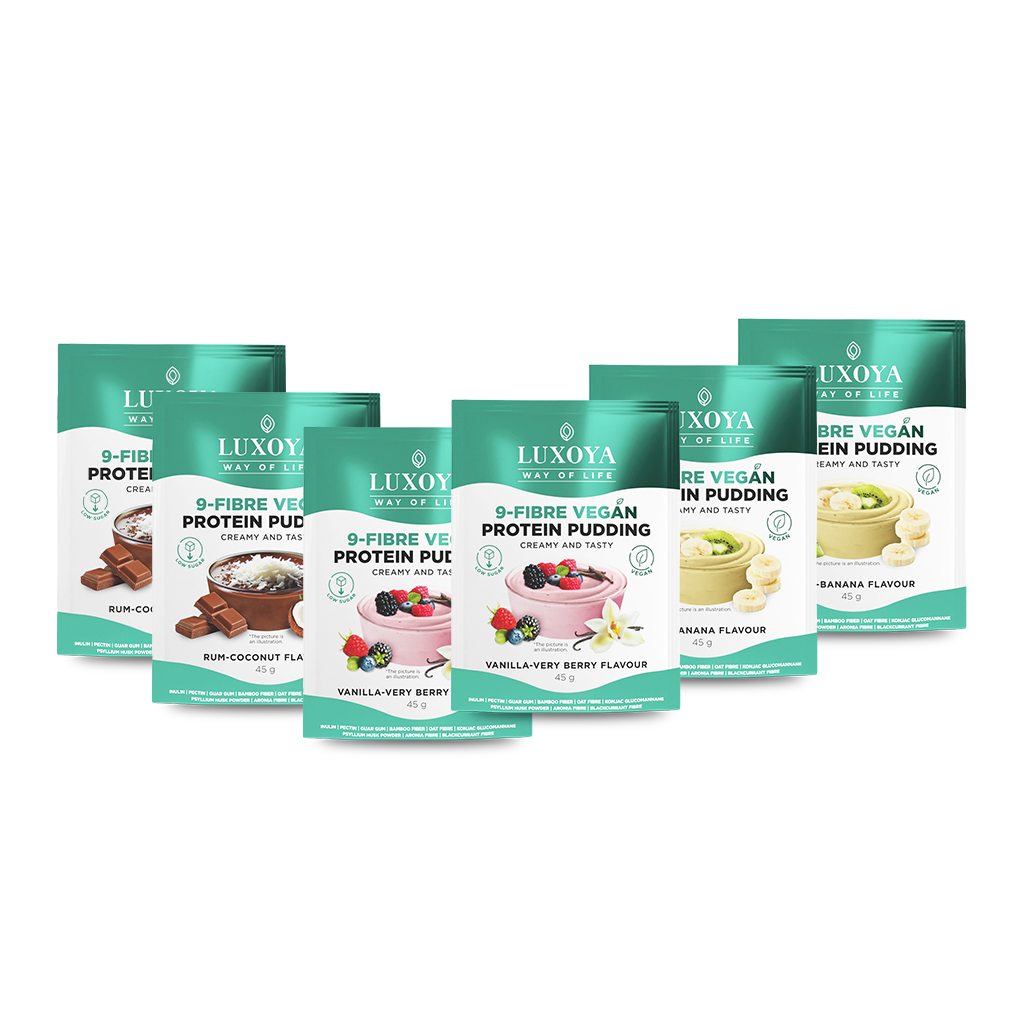 Luxoya Professional Paris - 9-FIBRE VEGAN PROTEIN PUDDING - VEGÁN FEHÉRJÉT TARTALMAZÓ ROSTPUDING 9 FÉLE NÖVÉNYI ROSTTAL - 6x45 g (2x3 íz)