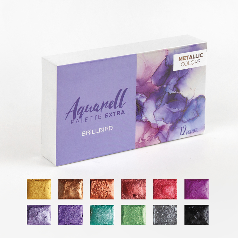 BrillBird - Aquarell/akvarell paletta 12 darabos - EXTRA - fémes hatású akvarell festék