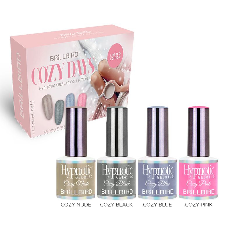 BrillBird - Cozy Days Hypnotic gel&lac kit (4 ml Hypnotic Cozy Nude, Black, Blue, Pink)